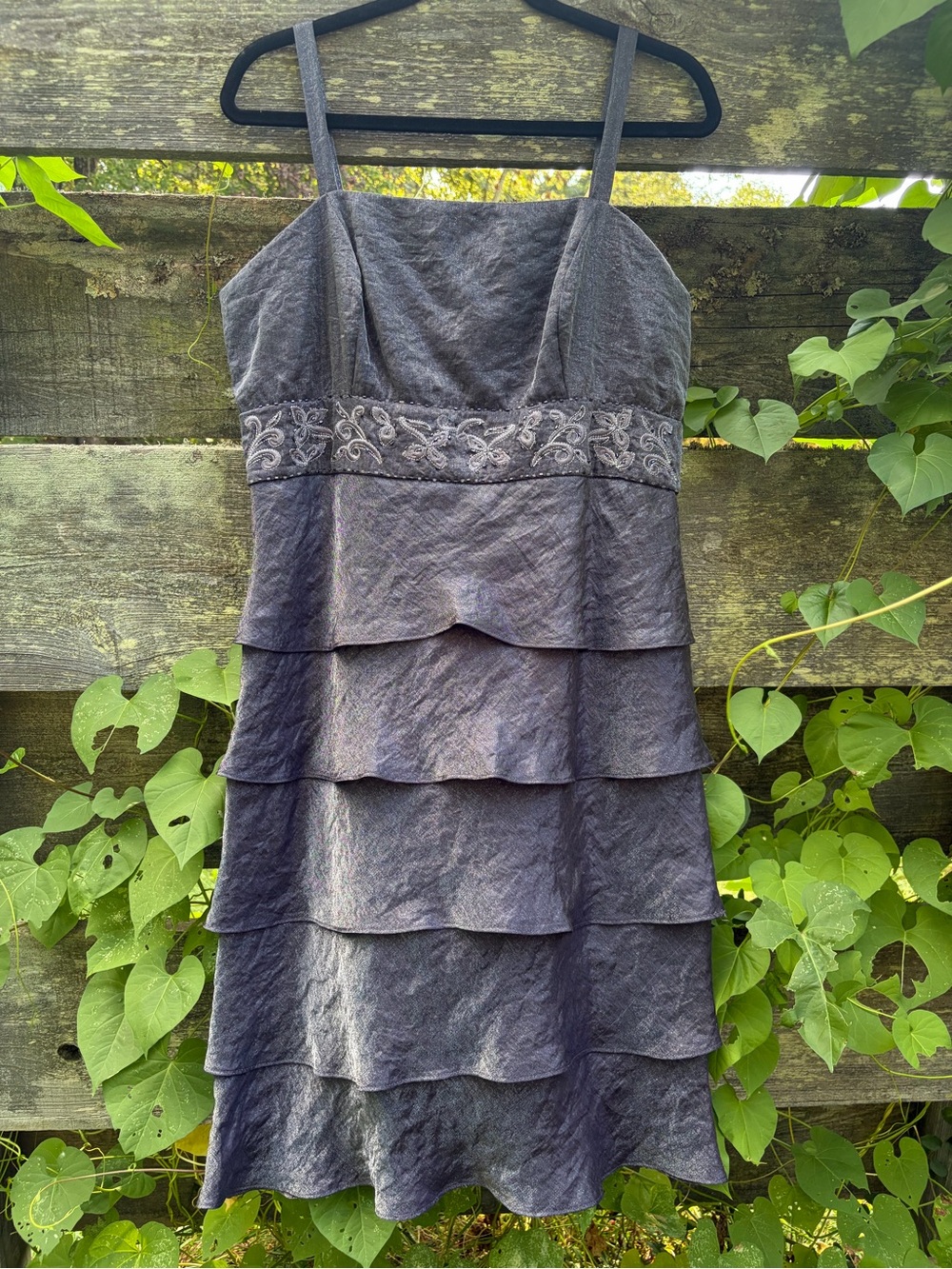 R&M Richards Tiered Charcoal Gray Sequined Spaghetti-Strap Dress Size 16
